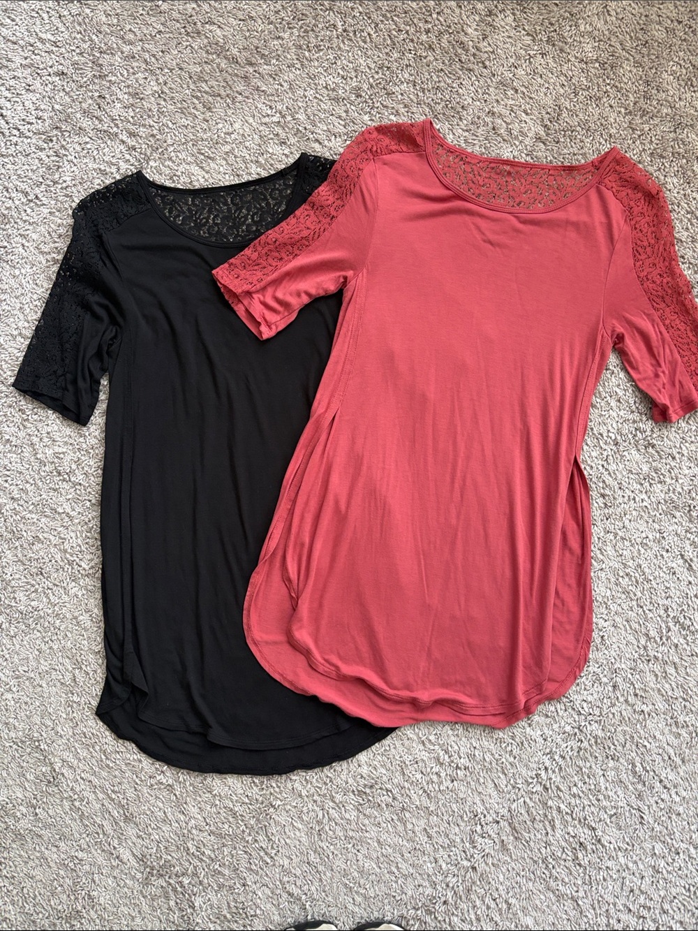 Women’s Lace Yoke Elbow Sleeve Top - Black and Rose available.
